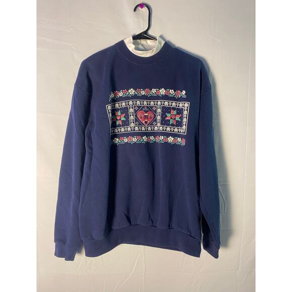 Vintage White Collared Grandma Mock Neck Sweater Pullover Navy Blue Floral Large - Picture 1 of 2